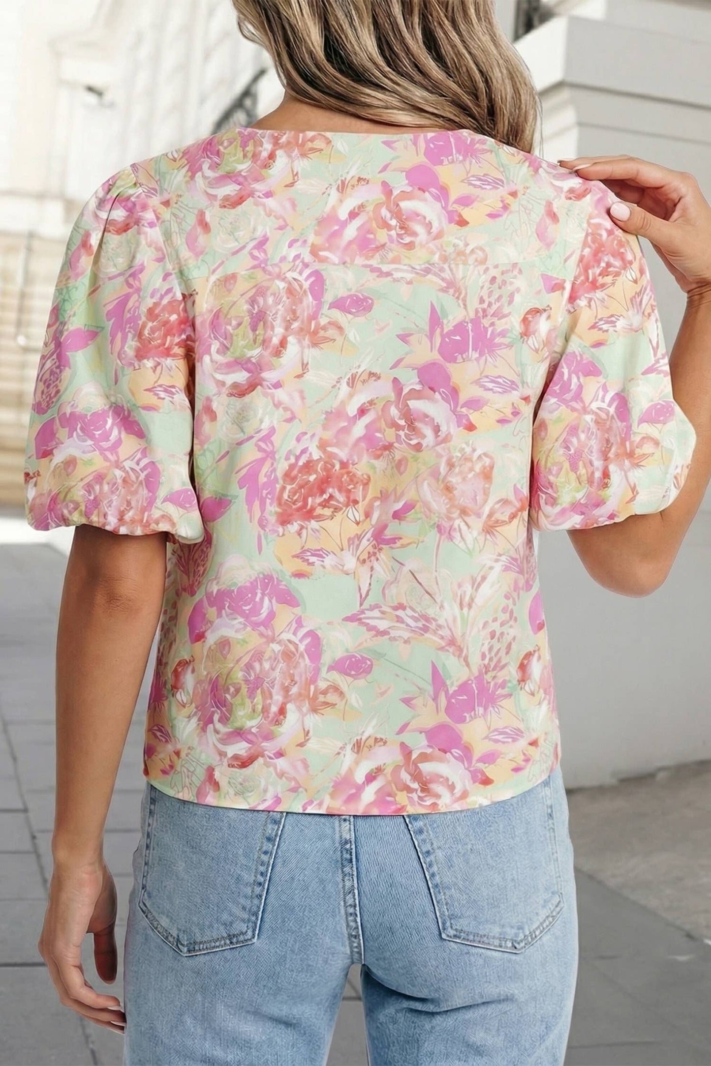 Floral Ribbon Short Puff Sleeve Blouse