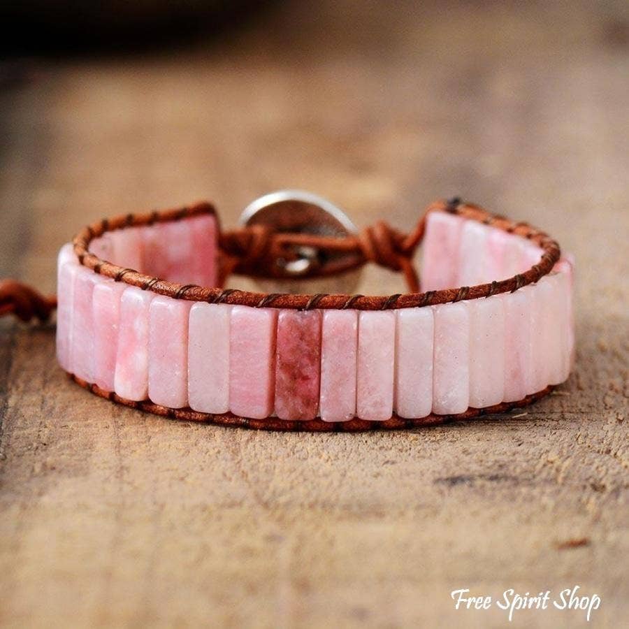 Natural Pink Opal Stone Leather Wrap Bracelet