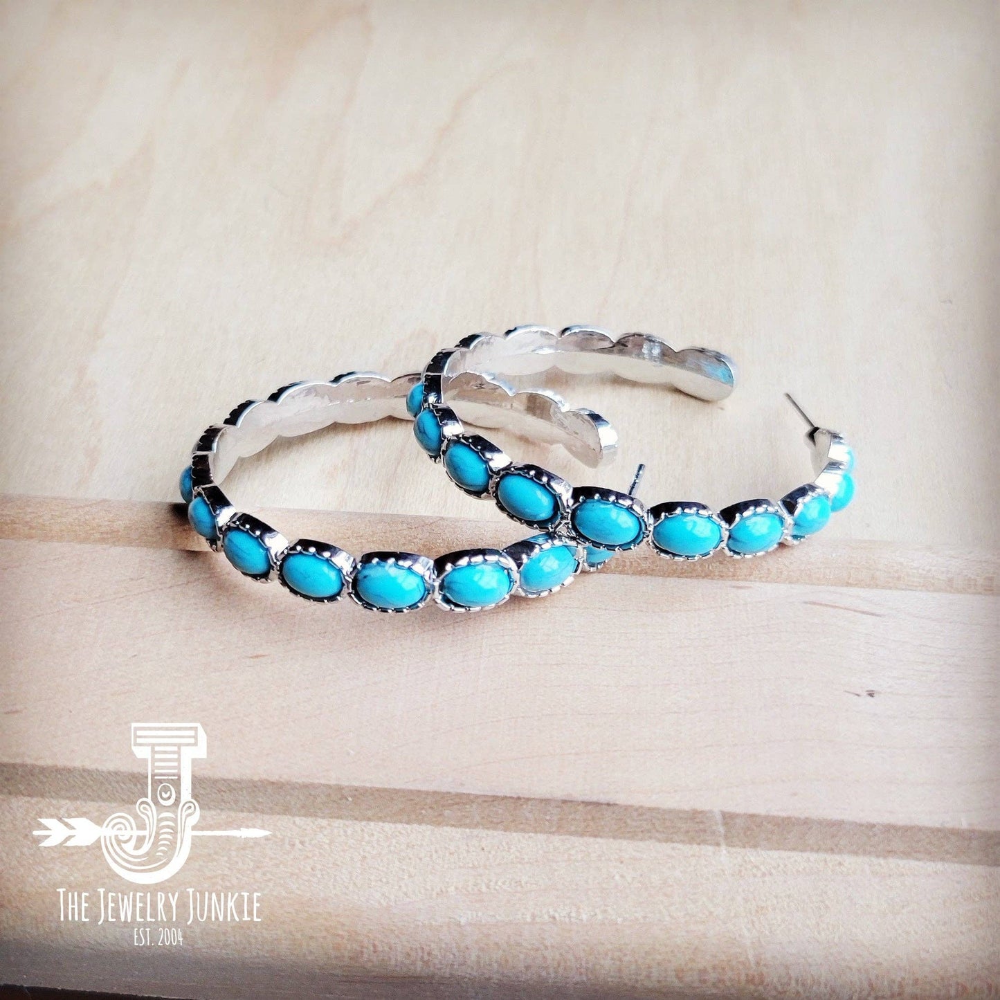 **Silver Hoop Earrings w/ Turquoise Accents 222jb