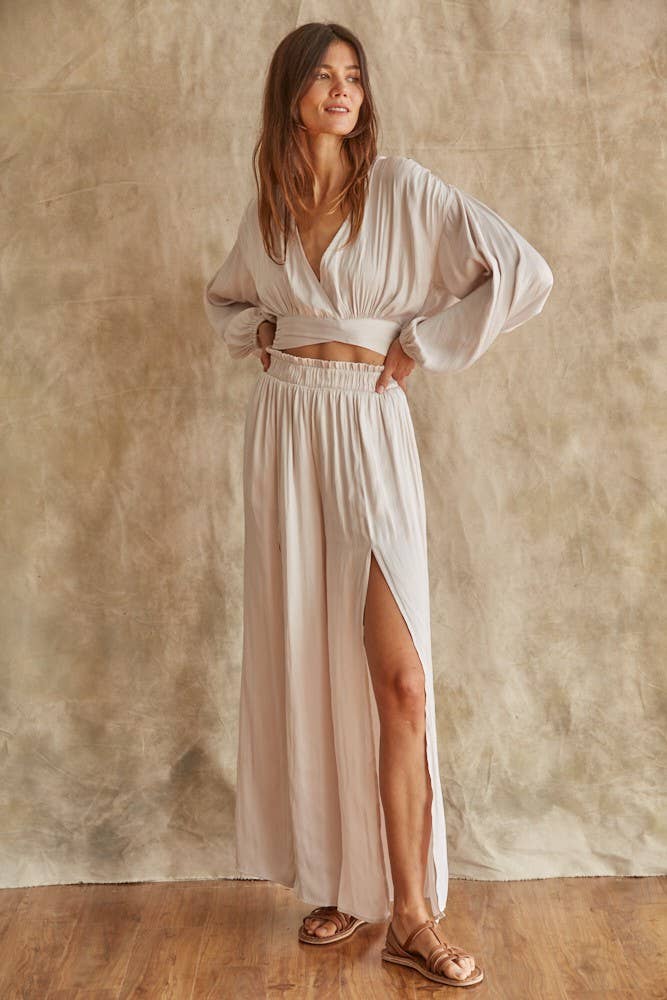 Satin High Waisted Pant With Front Slit