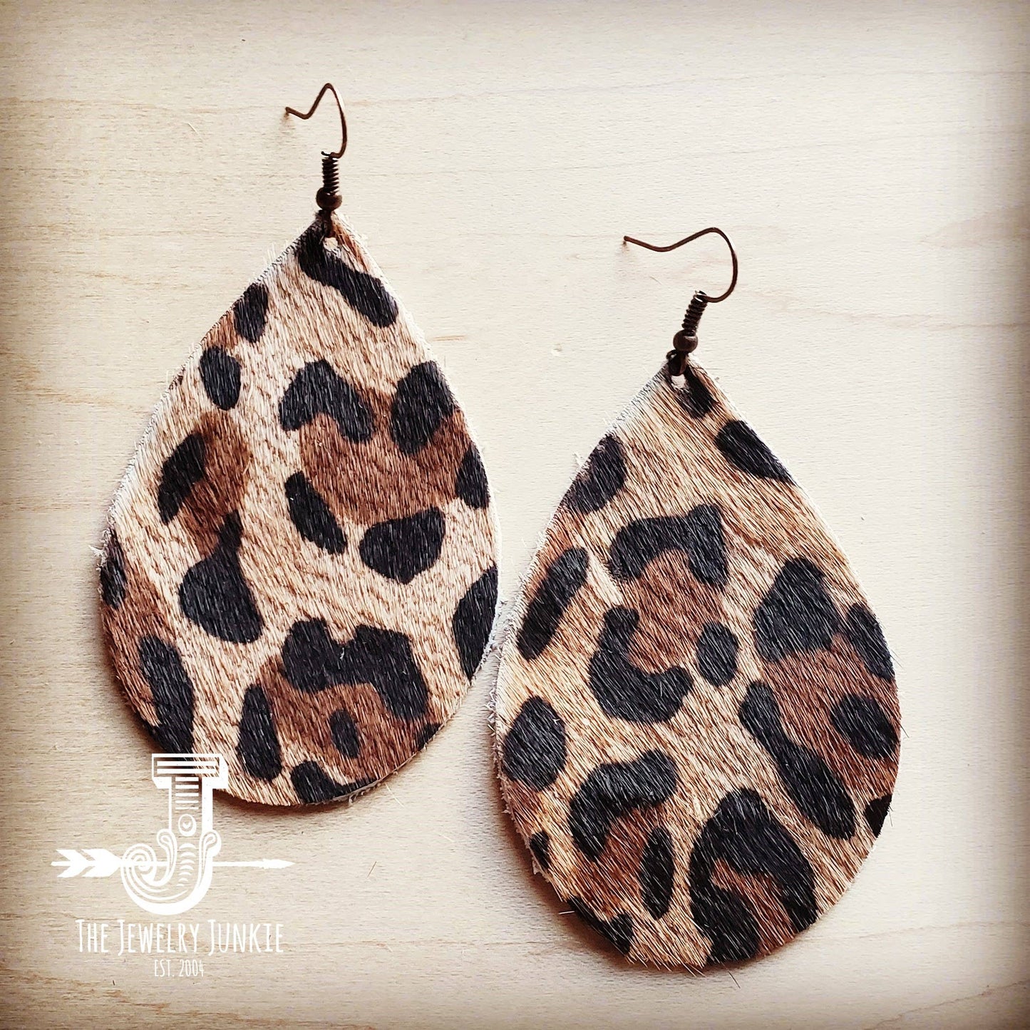 **Leather Teardrop Earrings in Leopard Print Hair on Hide