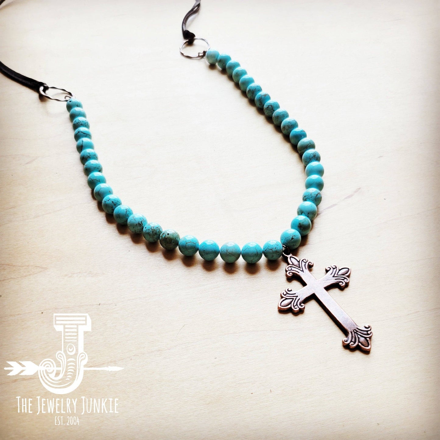 Frosted Magnesite Necklace w/ Copper Cross