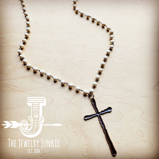 White Turquoise Beaded Necklace with Antique Cross