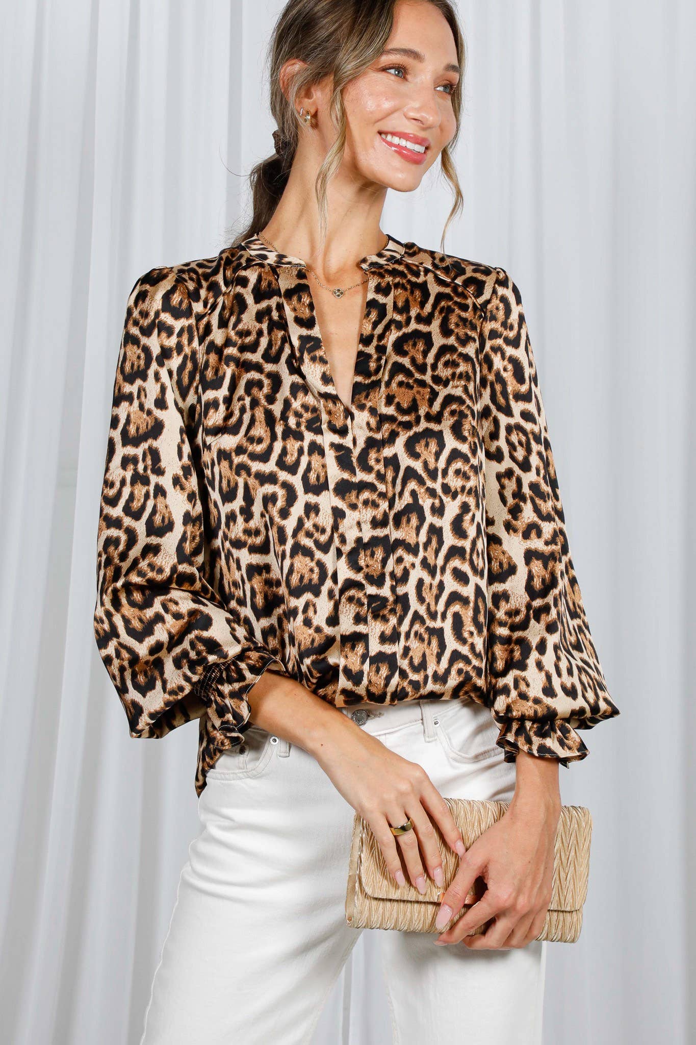 Henley Neckline Smocking Leopard Blouse