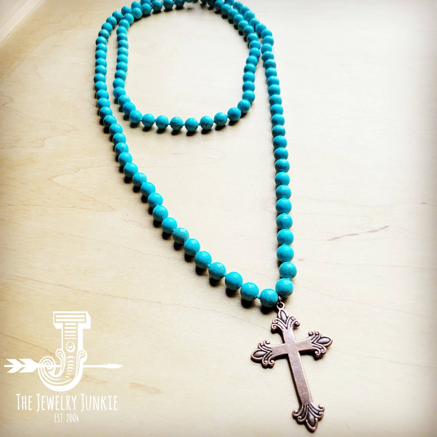 Turquoise Beaded Necklace w/ Copper Cross