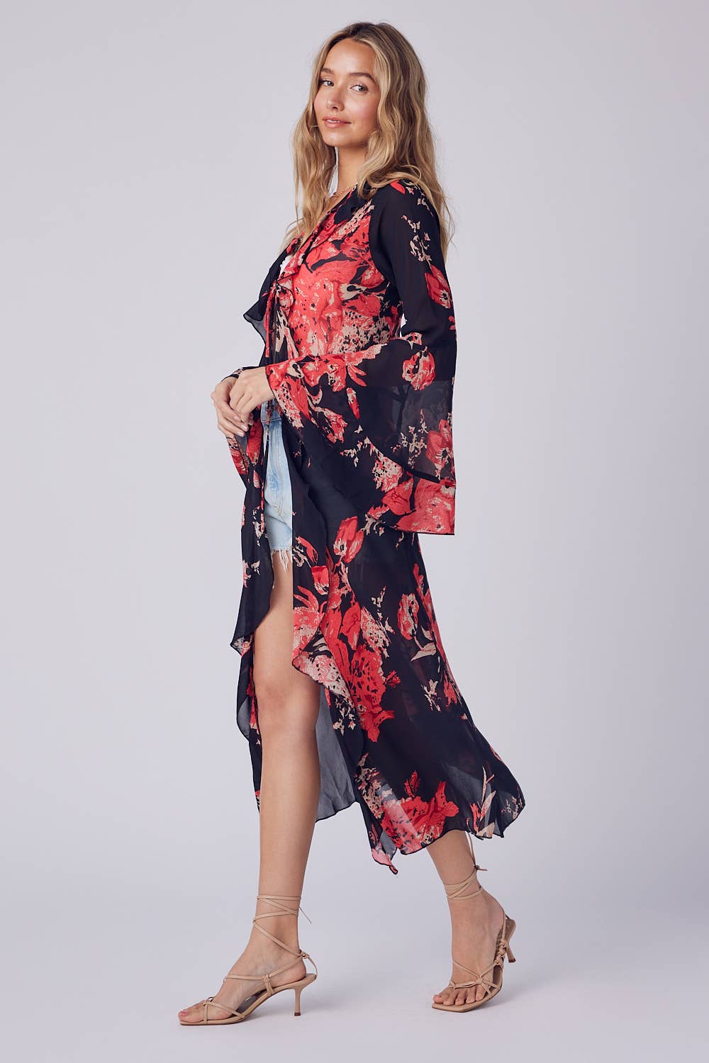 Floral Print Ruffle Kimono