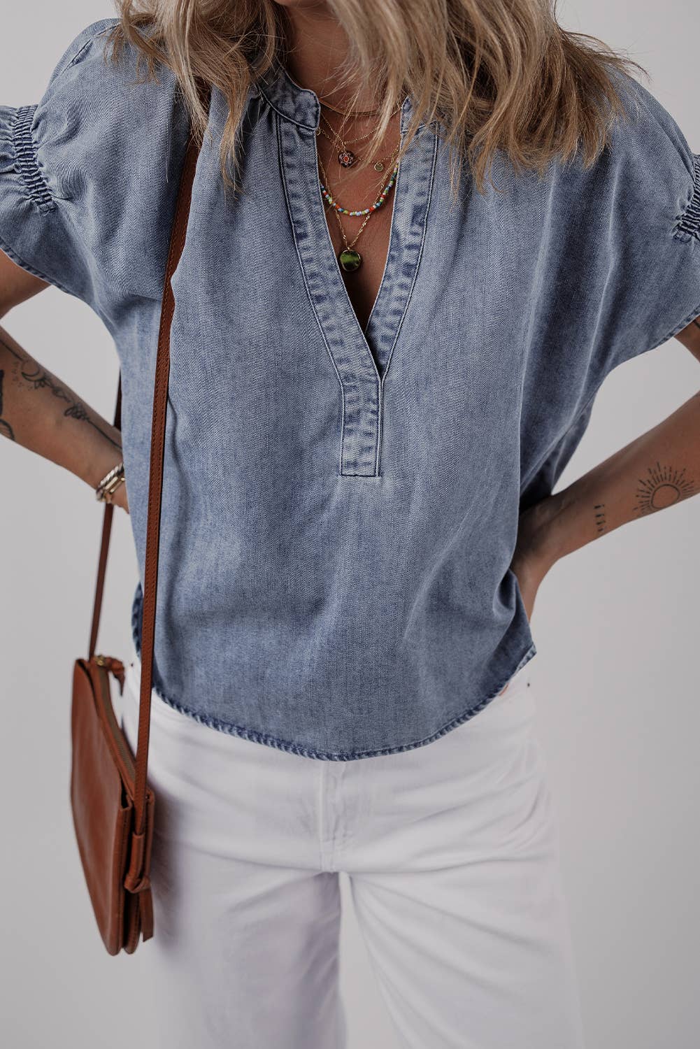 Ruffled Short Puff Sleeve Denim