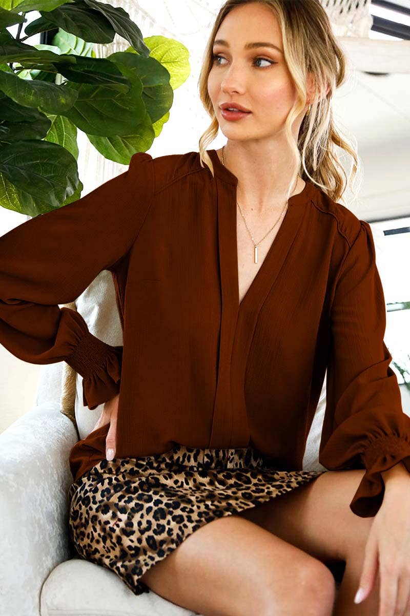Henley Neck Balloon Sleeve Blouse