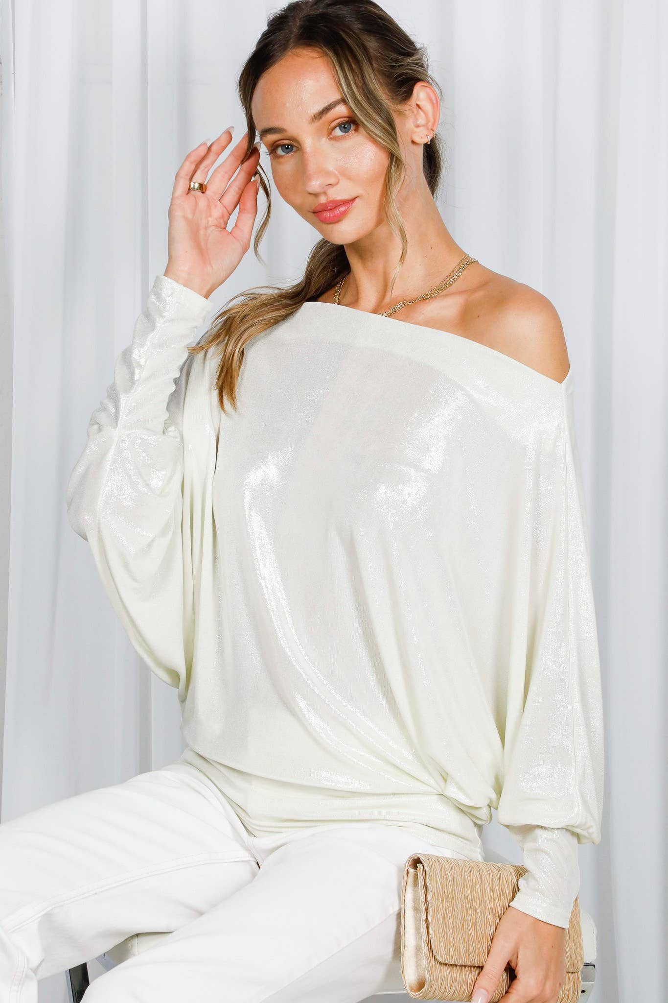 Dolman Long-Sleeve Metallic Foil Knit Top VT82585