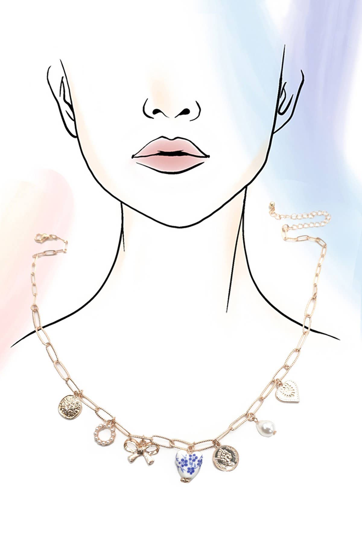 CERAMIC PORCELAIN HEART CHARM LINK NECKLACE