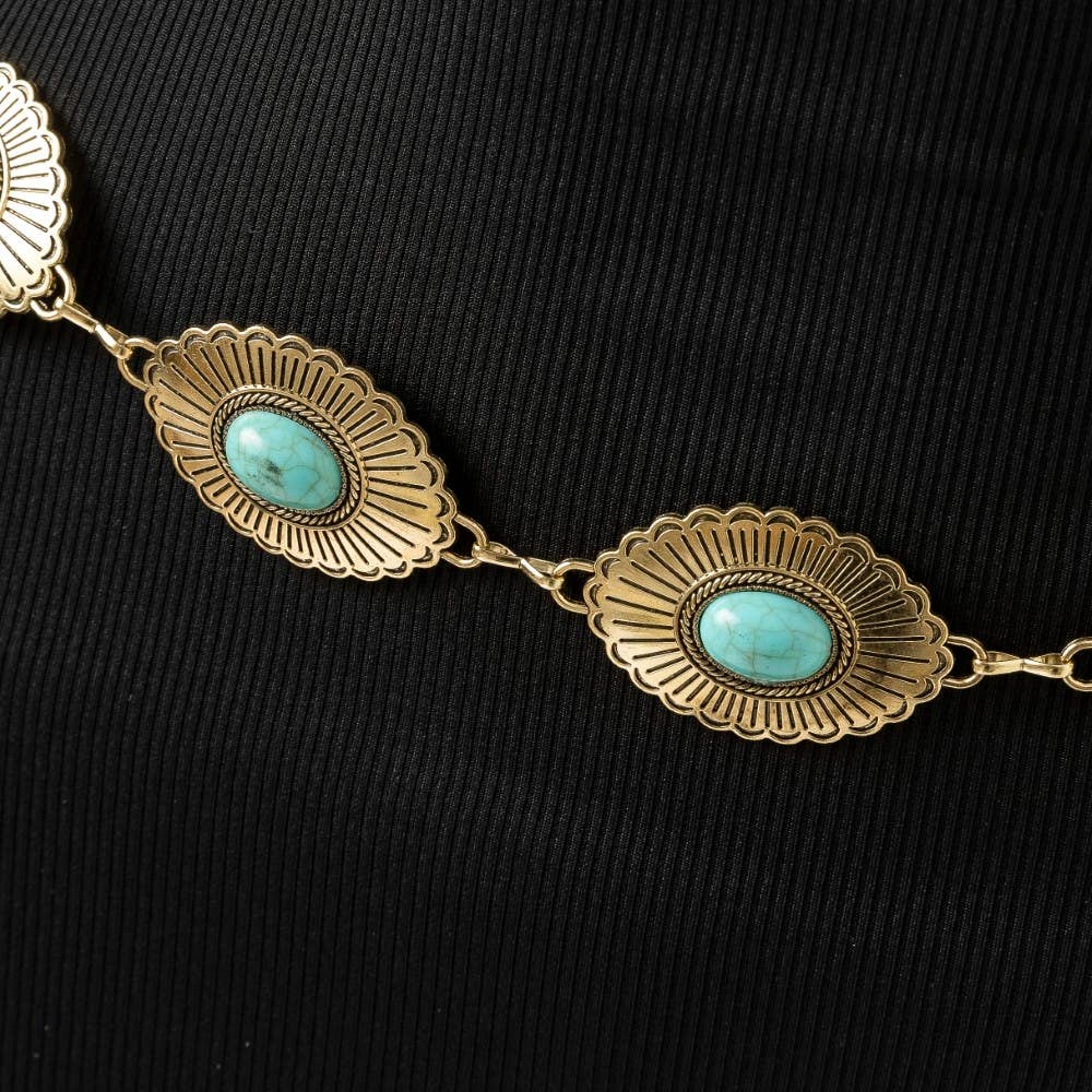 Western Floral Turquoise Concho Disc Chain Belt