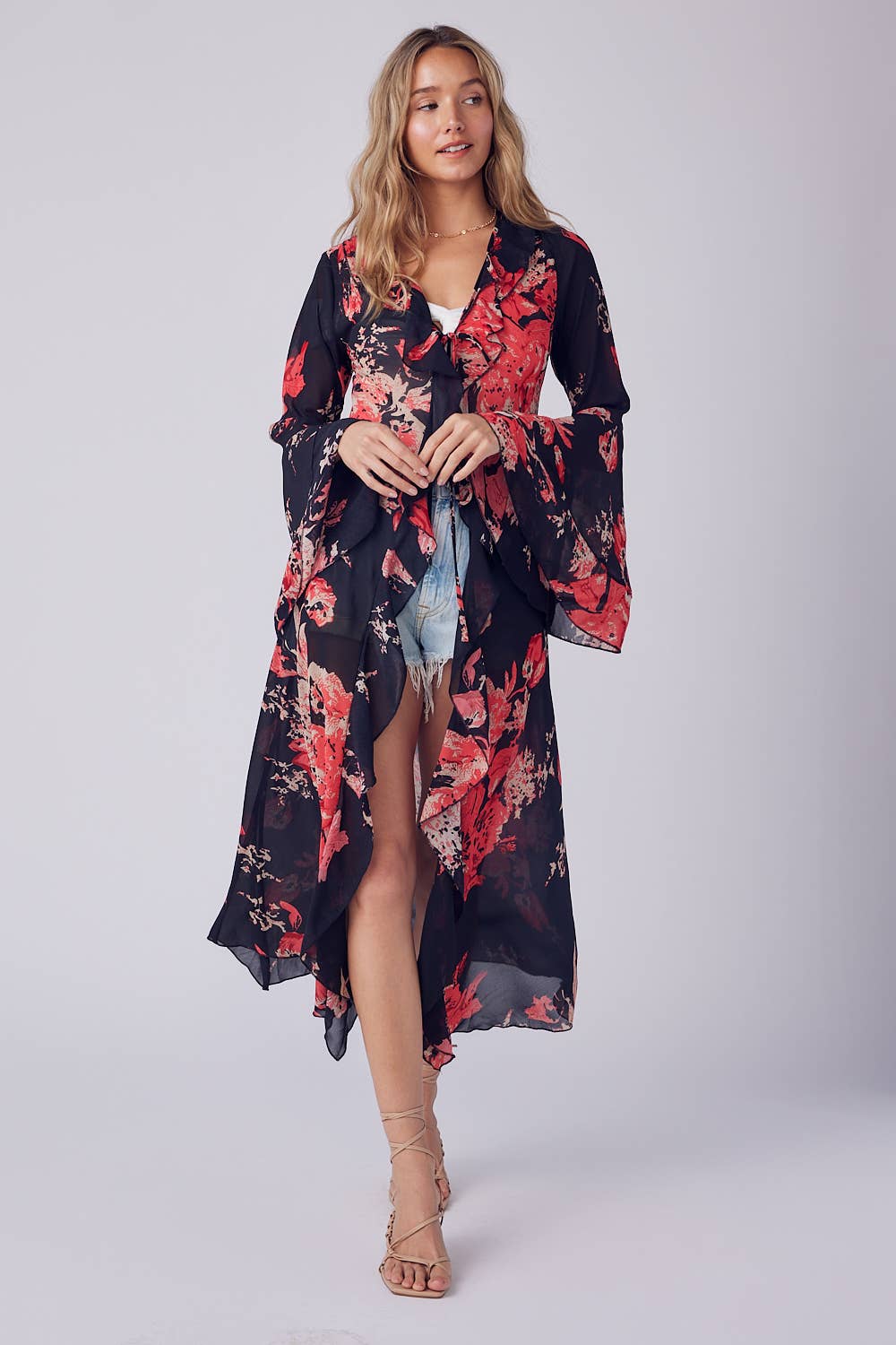 Floral Print Ruffle Kimono