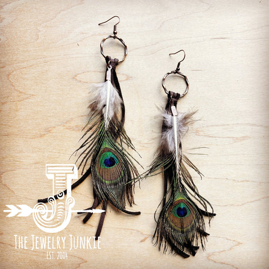 Brown Deer Skin Leather Tassel Earrings with Peacock Feather