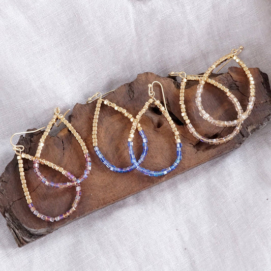 Glass & Gold Beaded Teardrop Earrings Purple