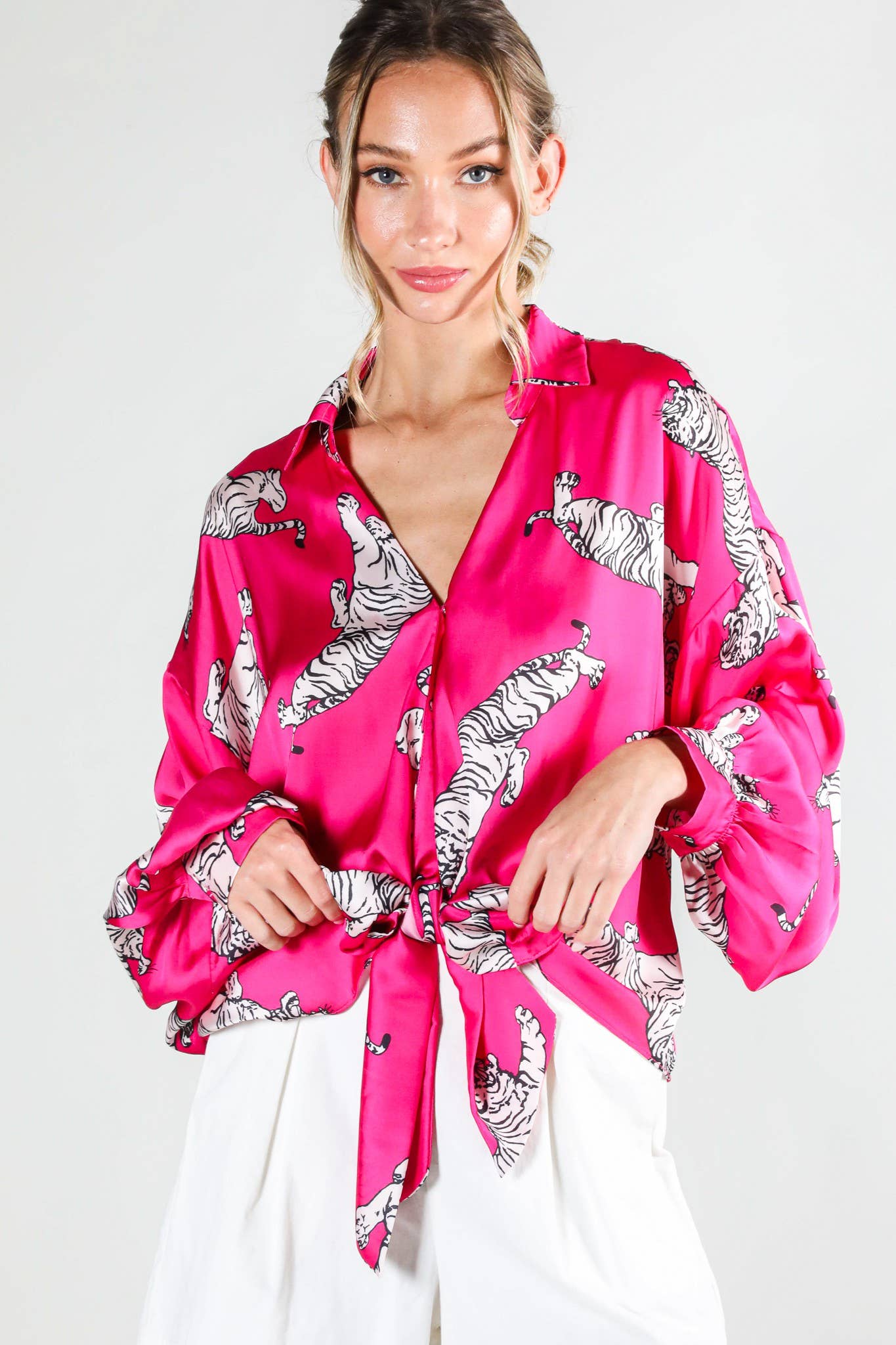 Tie Front Tiger Pink Satin