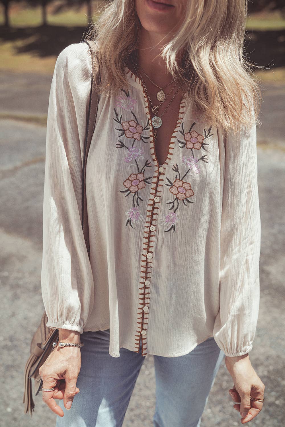 Floral Embroidered Puff Sleeve Loose Shirt