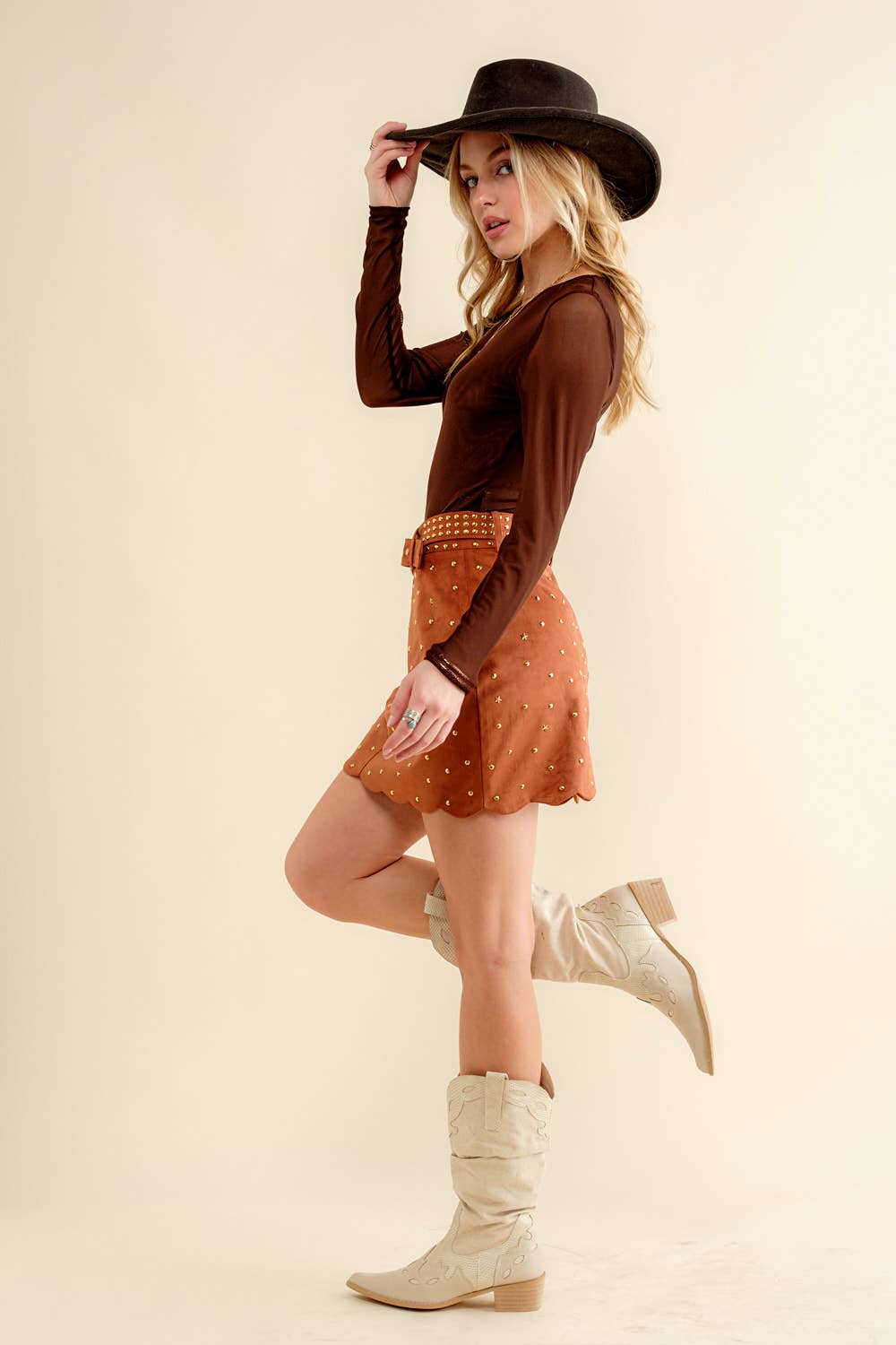 Suede Star Scallop Belted Western Mini Skirt