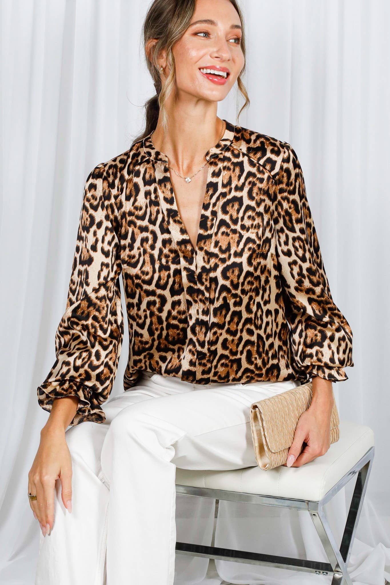 Henley Neckline Smocking Leopard Blouse