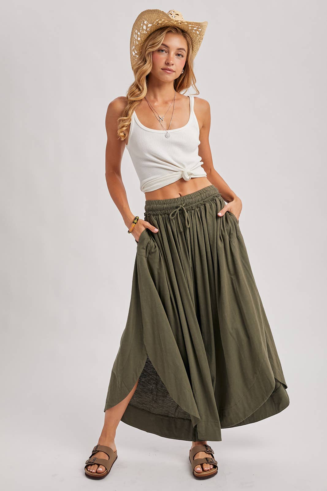 BOHEMIAN SIDE SLIT OLIVE WIDE LEG PANT
