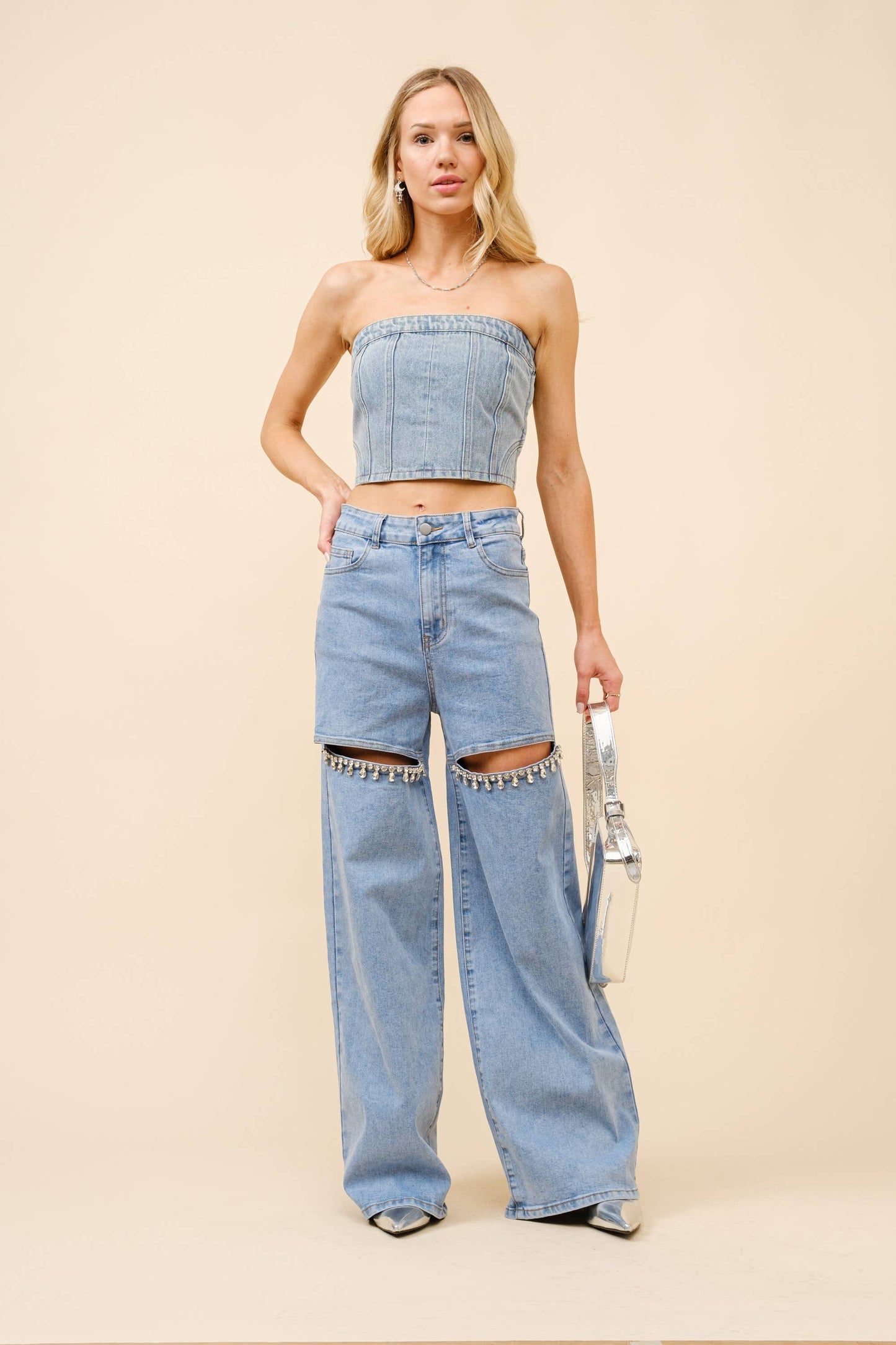 Crystal Slit Blk Denim Jeans