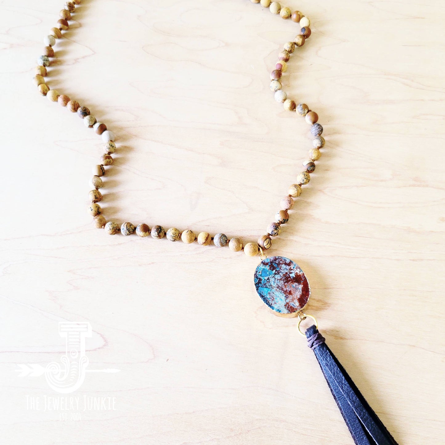 Bohemian Beaded Jasper Necklace with Ocean Agate Pendant 245