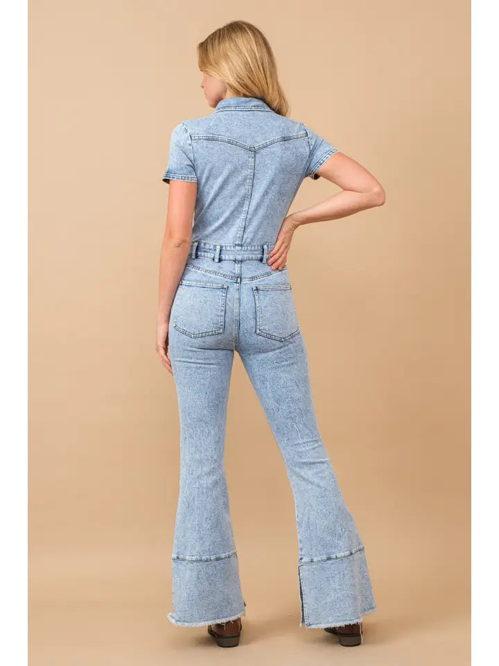 Washed Flare Leg Denim Jumpsuit