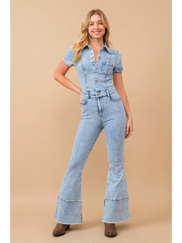 Washed Flare Leg Denim Jumpsuit