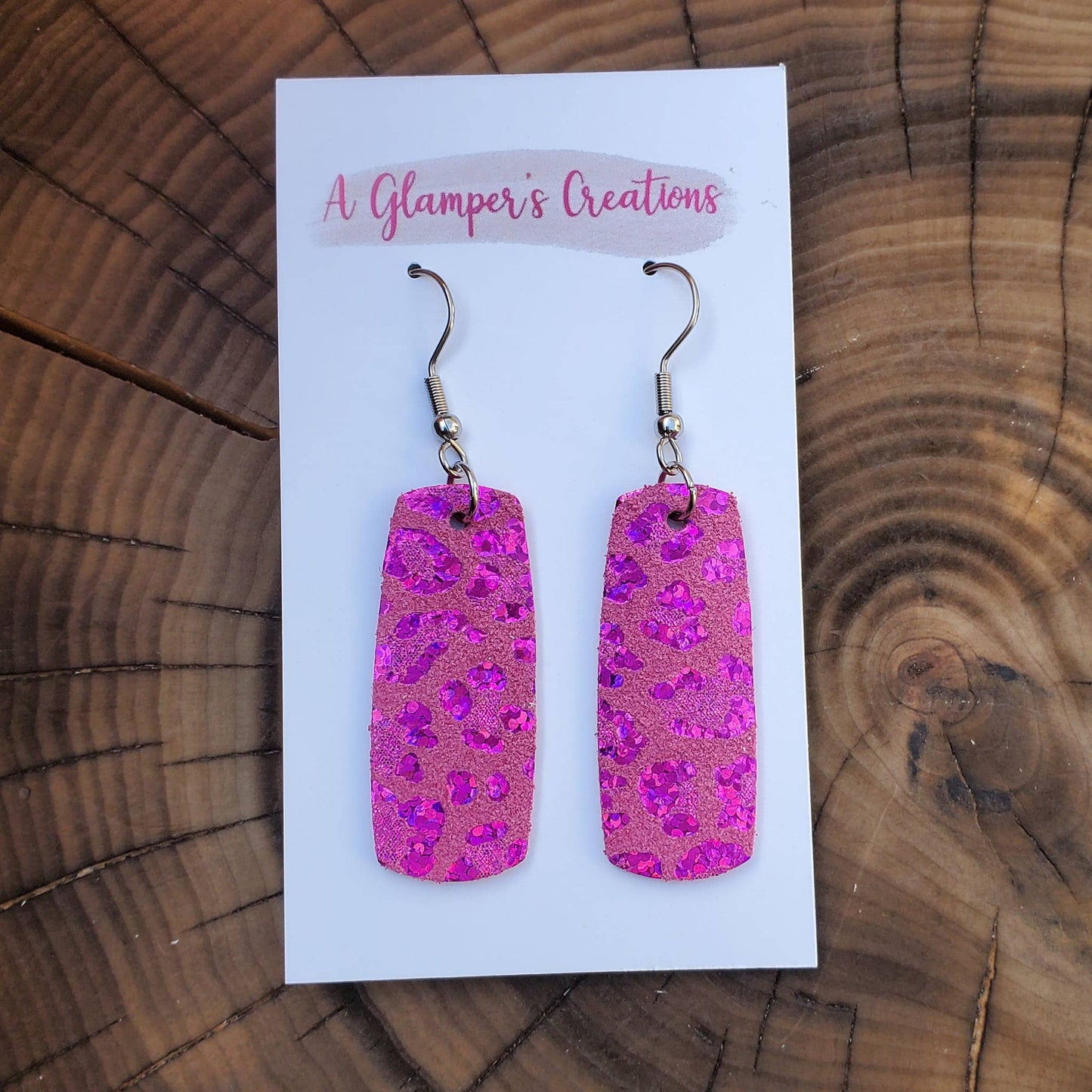 Pink Metallic Leopard Mini Bar Leather Earrings