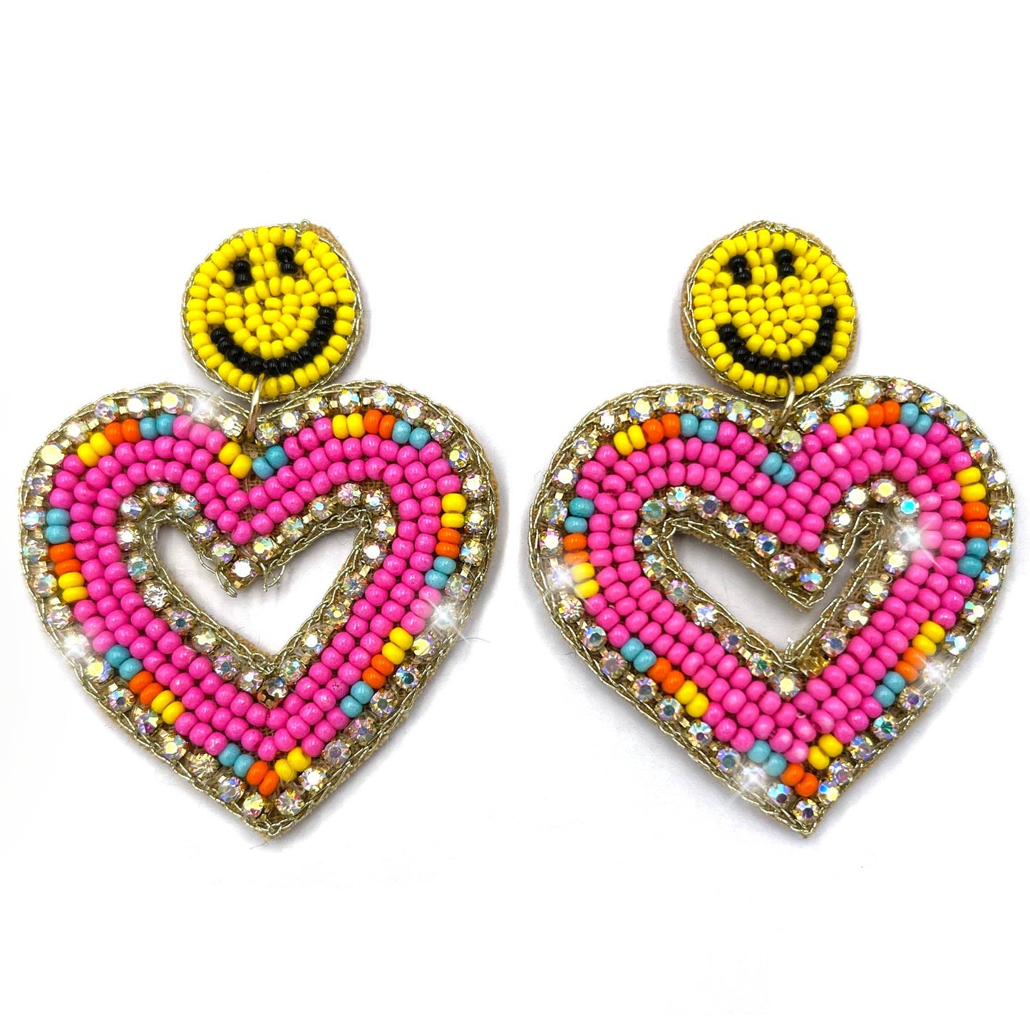 Heart and Yellow Smiley Face Seed Bead Dangle Earrings