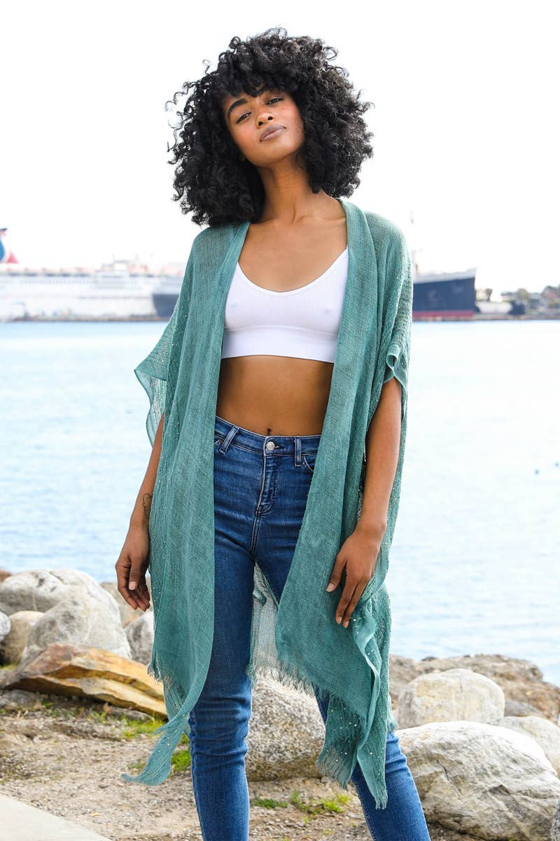 Sequin Border Frayed Trim Kimono