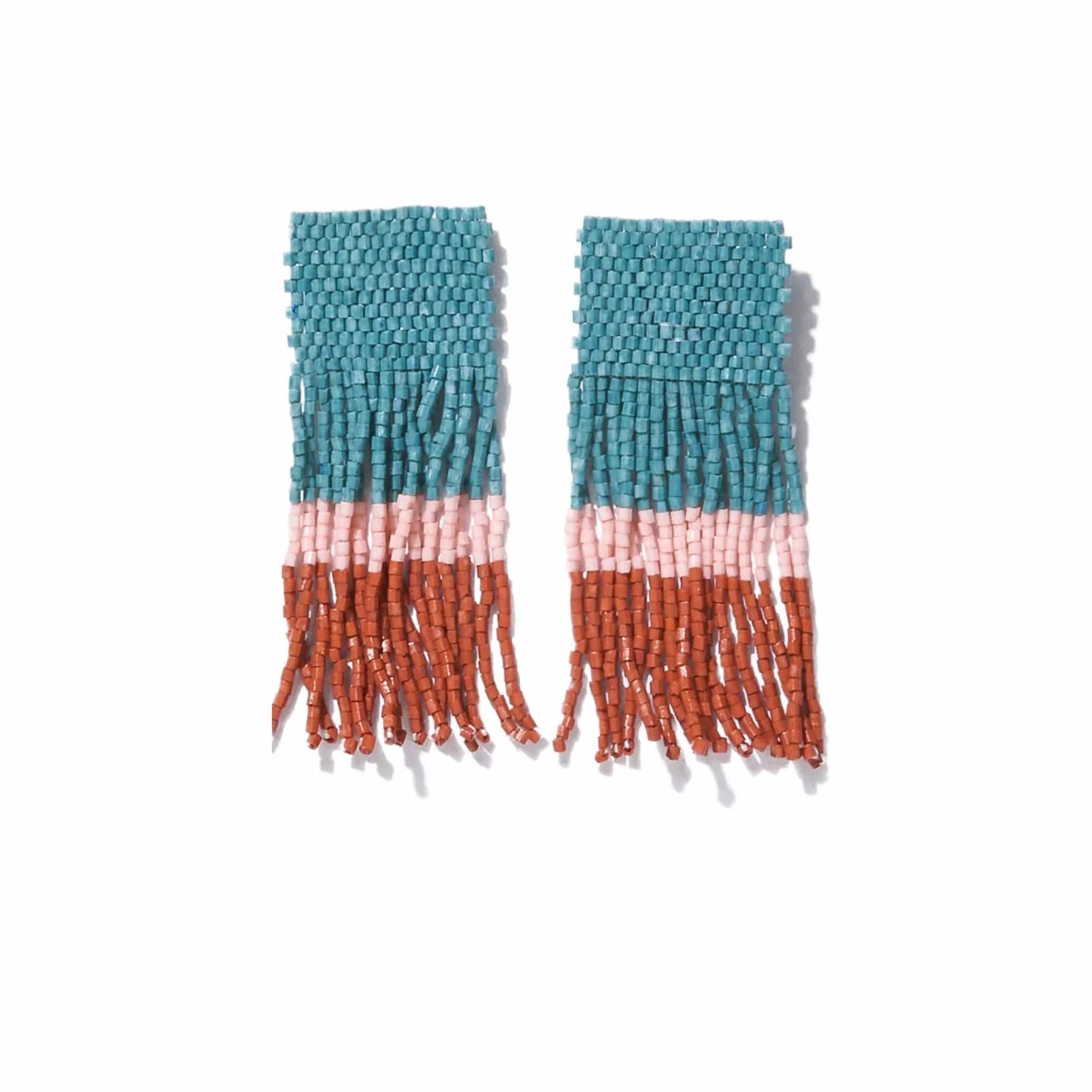 Teal Blush Rust Color Block Fringe Earrings