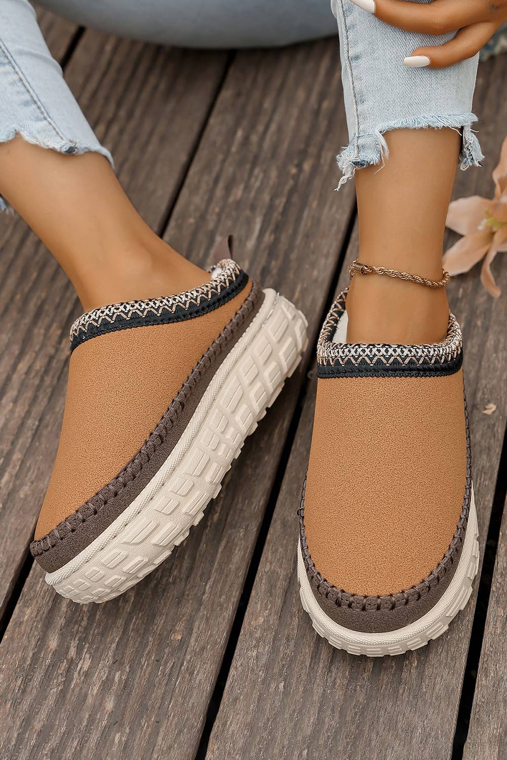 Stitch Detail Suede PU Plush Slippers | US7-10