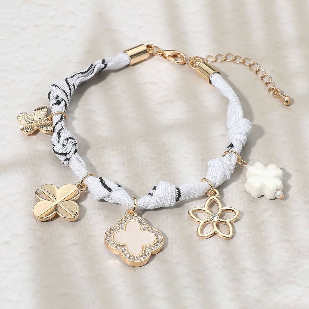 Quatrefoil Clover Flower Butterfly Charm Embellished Scarf Fabric Chain Bracelet