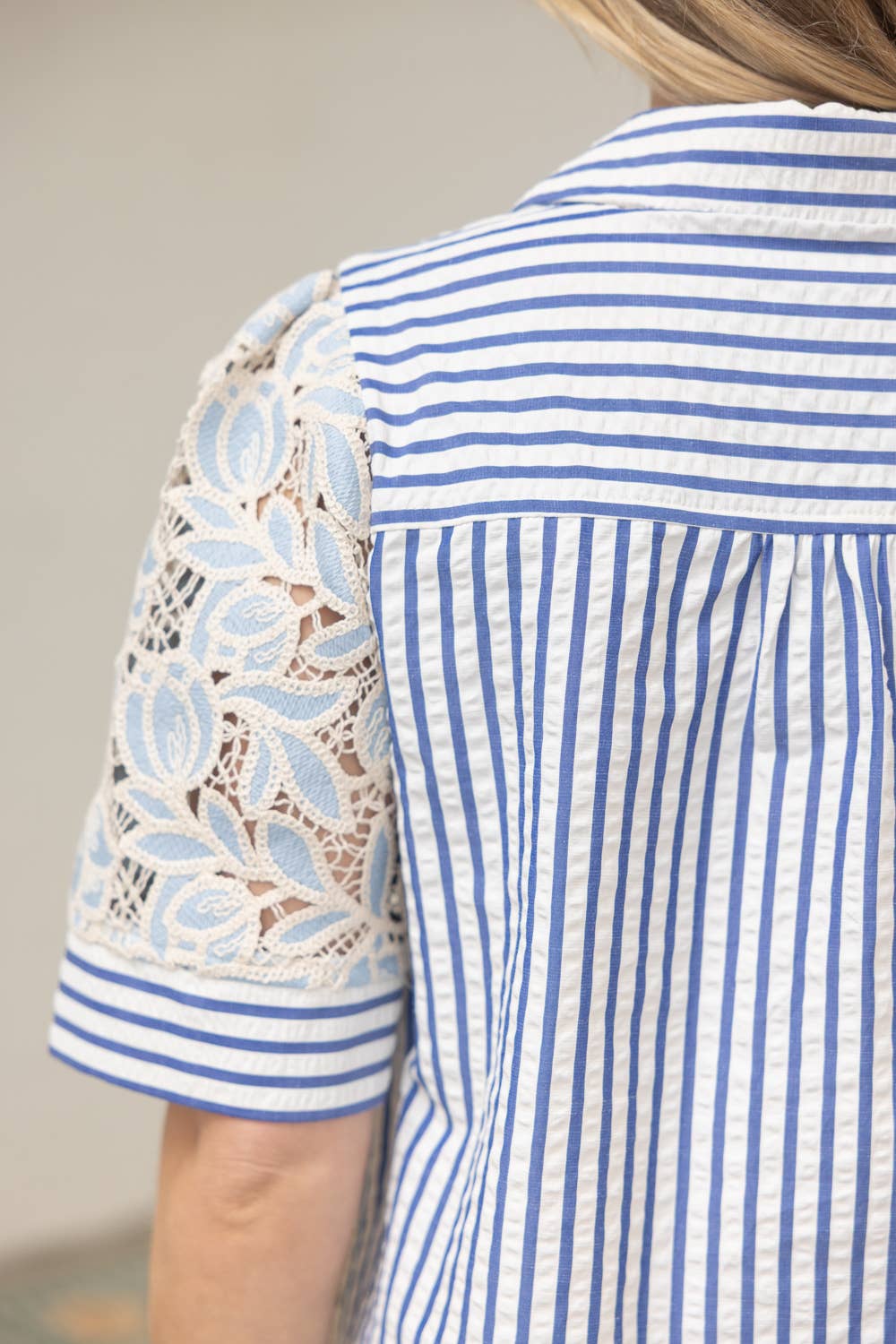 Collared V-Neck Stripe and Lace Mixed Fabric Top