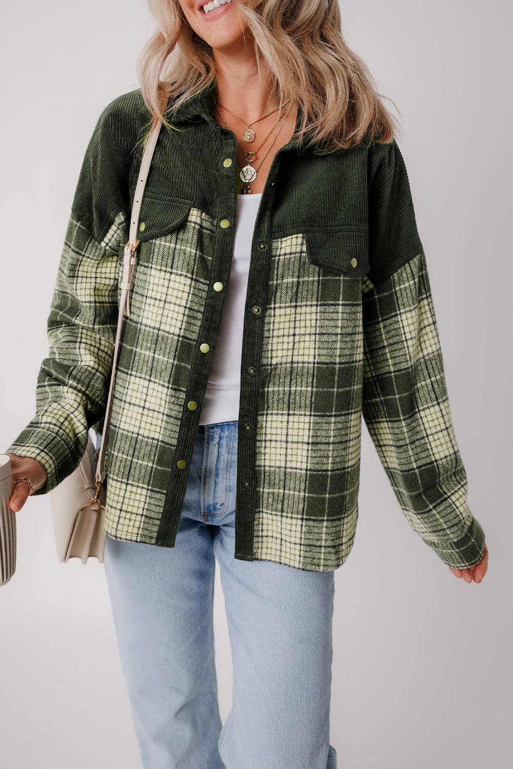 Blackish Green Snap Buttons Plaid Shacket