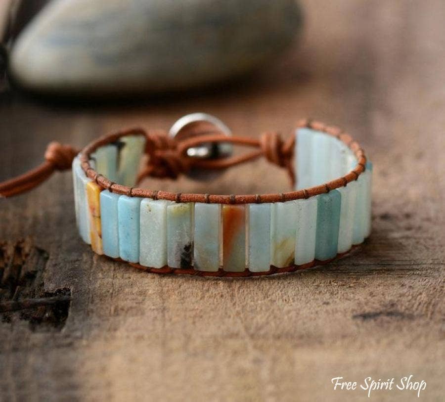 Natural  Amazonite Stone & Leather Bracelet