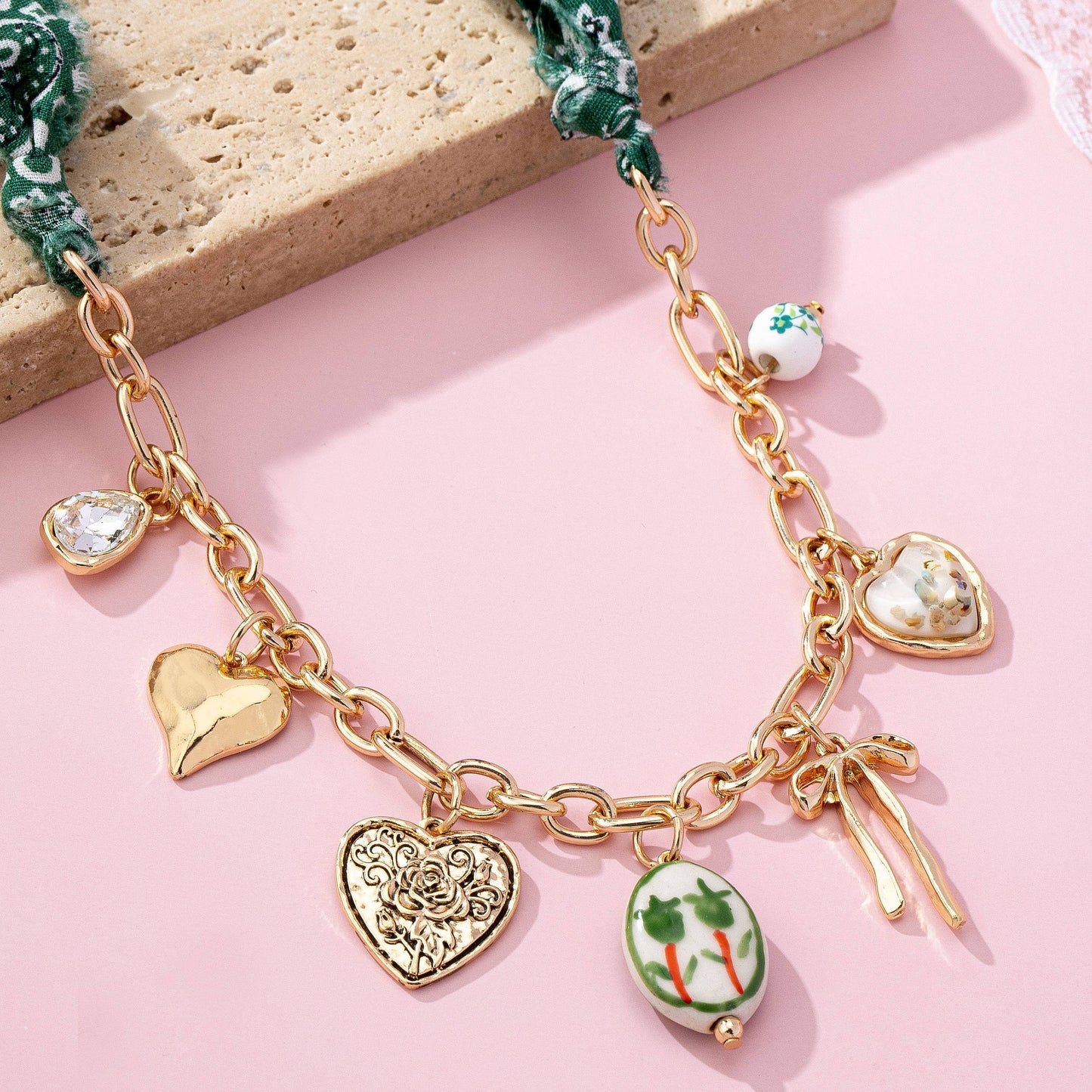 SCARF CHARM NECKLACE-PORCELAIN HEART BOW |