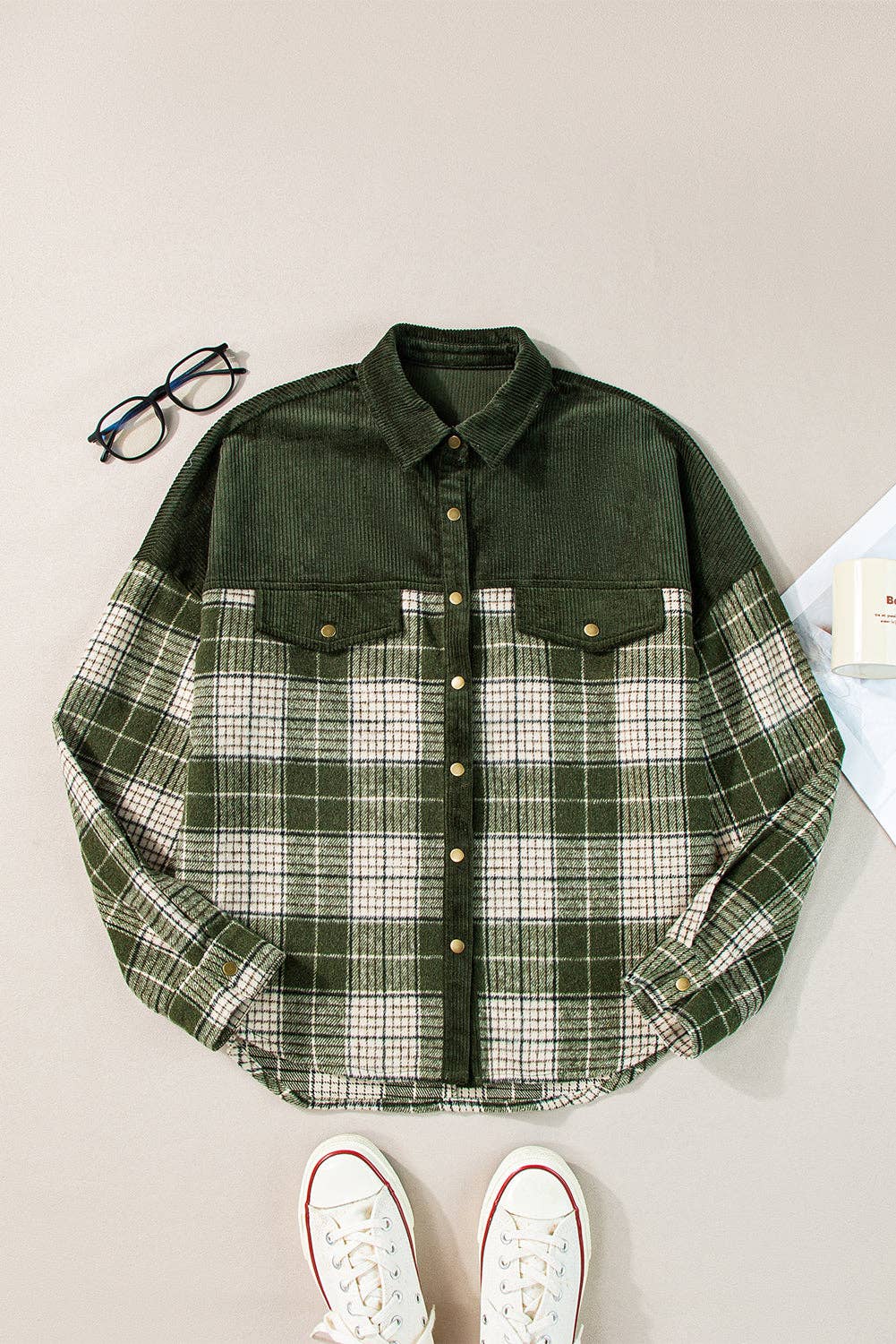 Blackish Green Snap Buttons Plaid Shacket