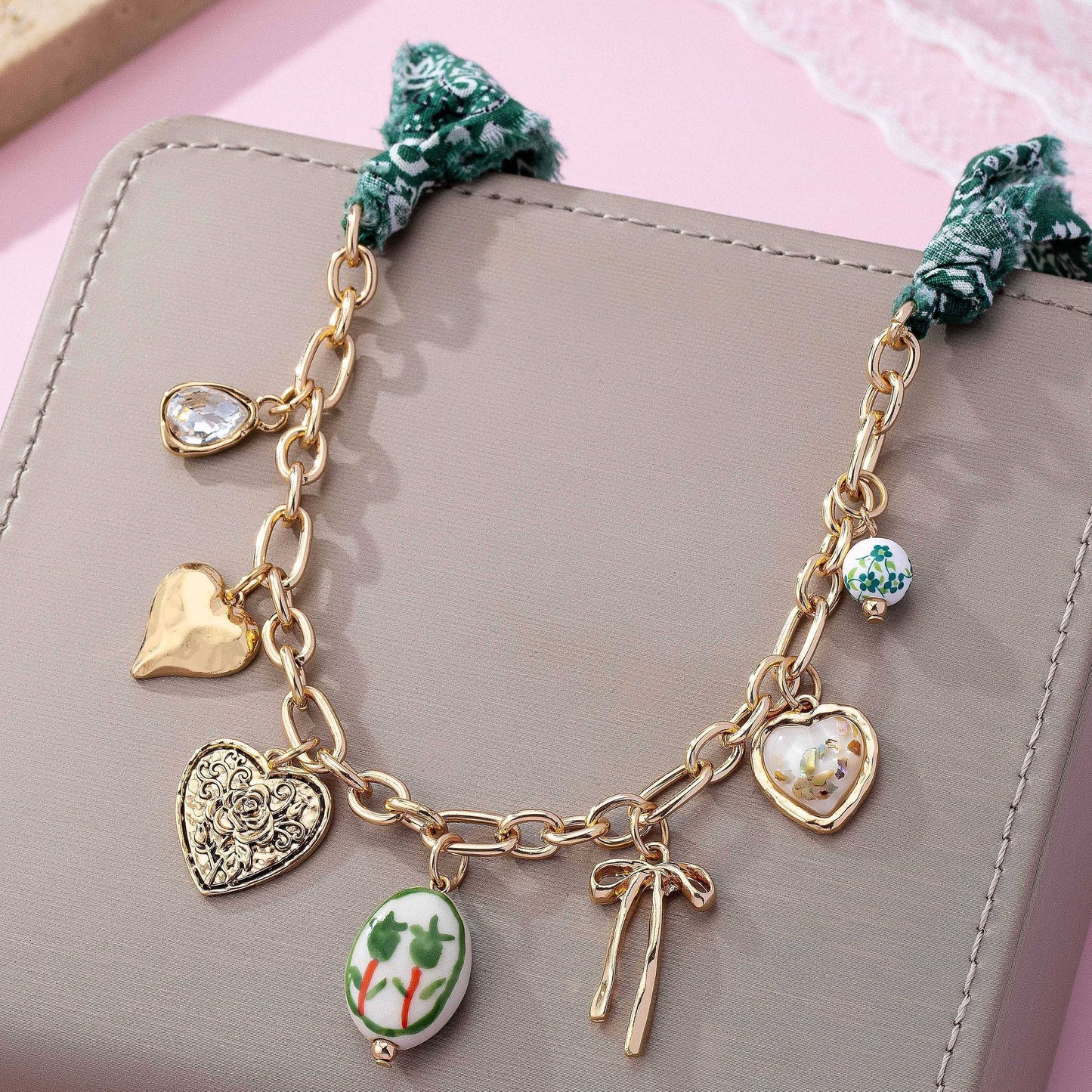 SCARF CHARM NECKLACE-PORCELAIN HEART BOW |
