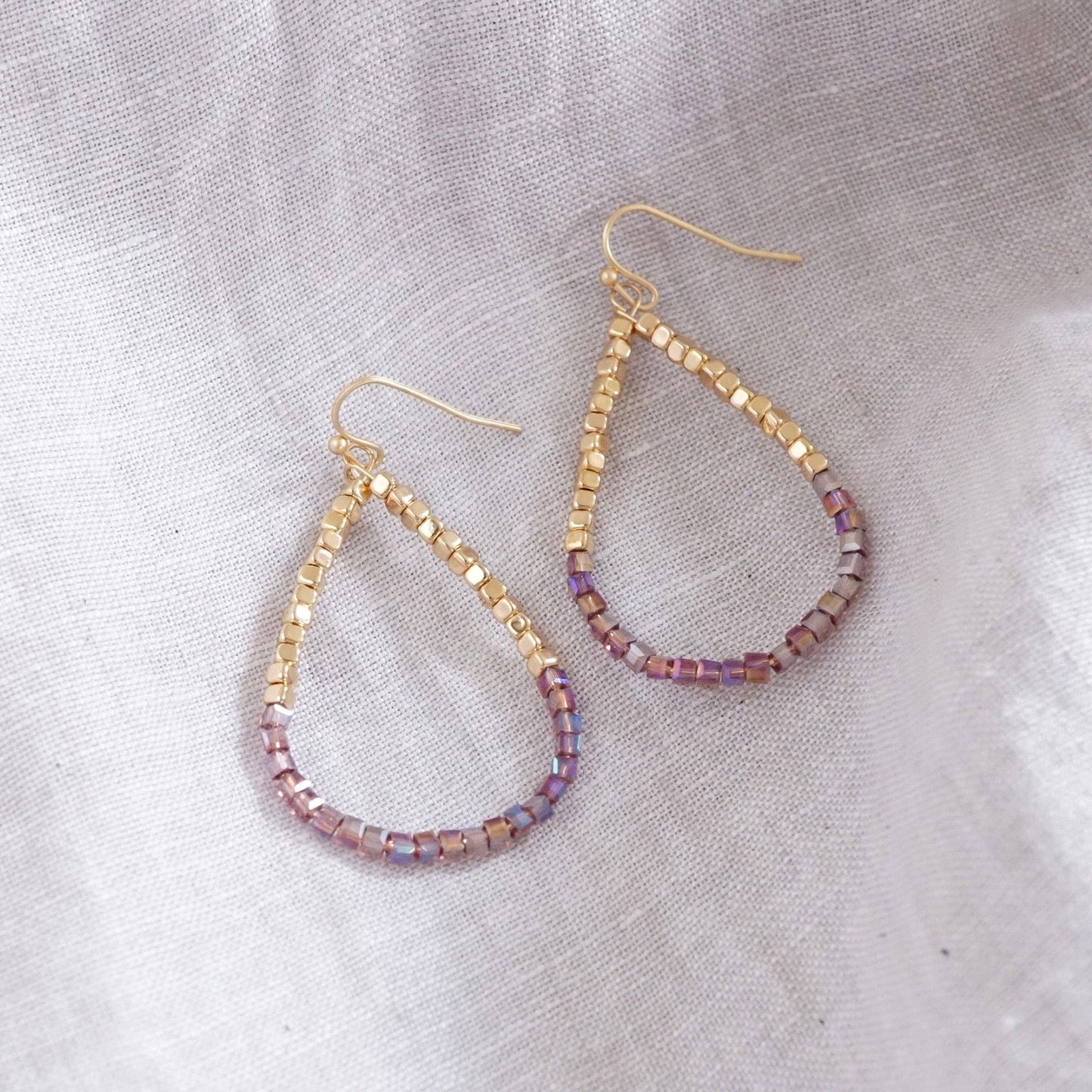 Glass & Gold Beaded Teardrop Earrings Purple