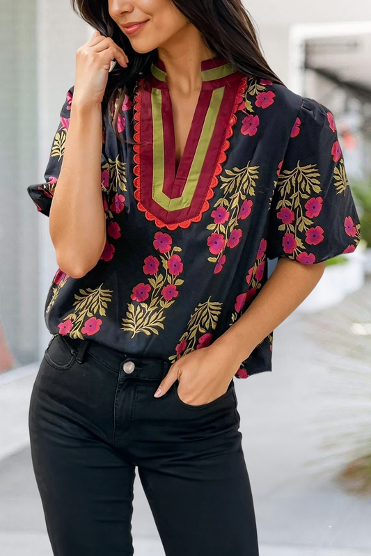 Floral Short Bubble Sleeve Blouse