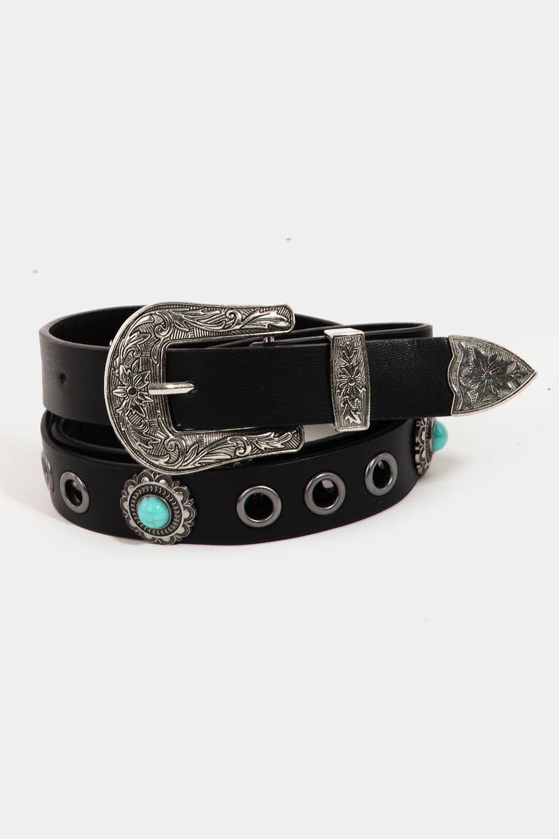 Western Floral Etched Vegan Leather Belt
