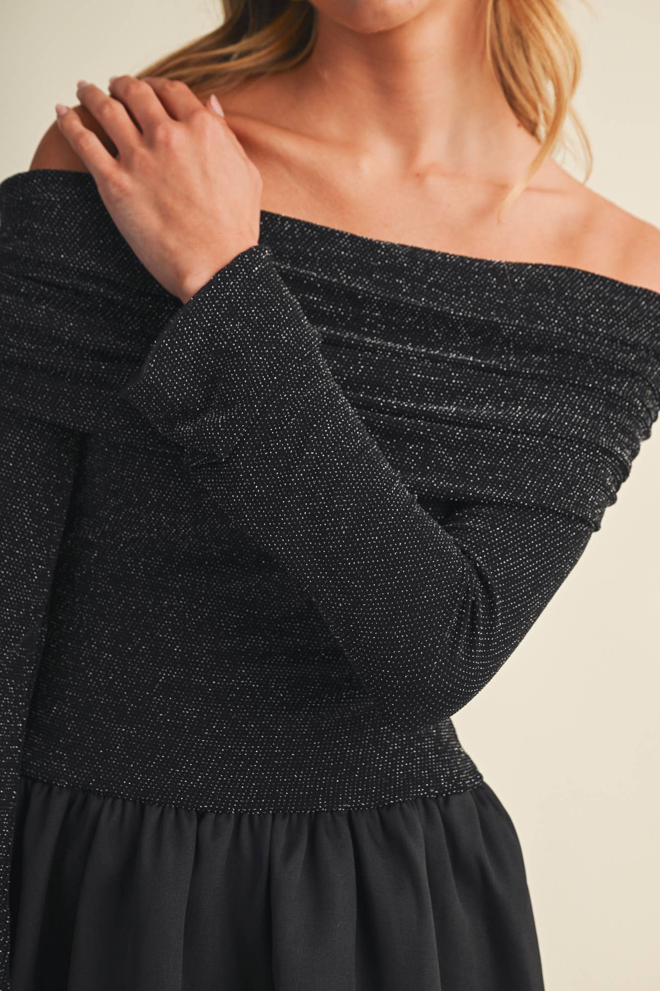 Off-Shoulder Shimmer Knit A-Less Dress