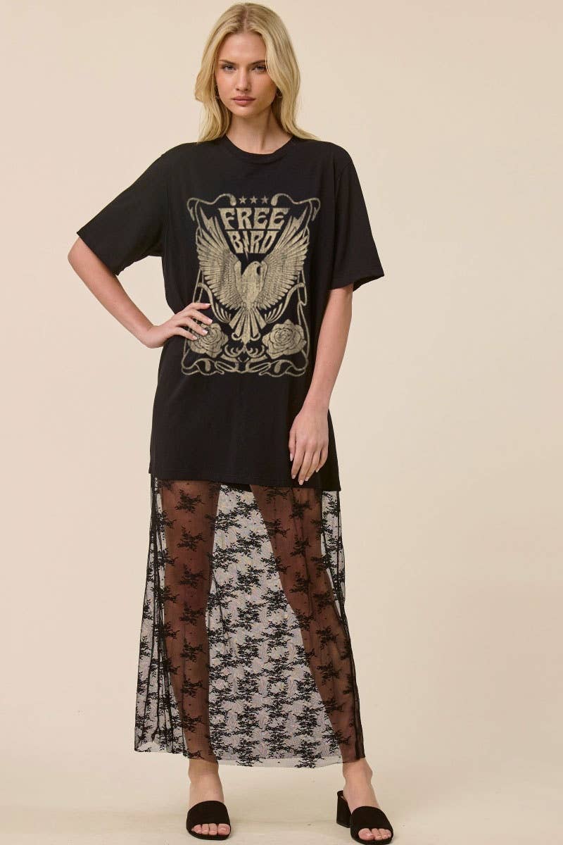 Free Bird Graphic Floral Lace Tshirt Dress