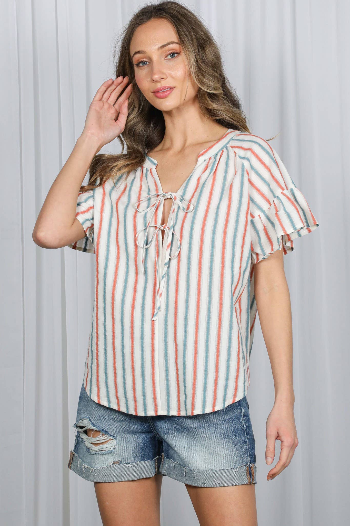 Striped Tie Front Cotton Top