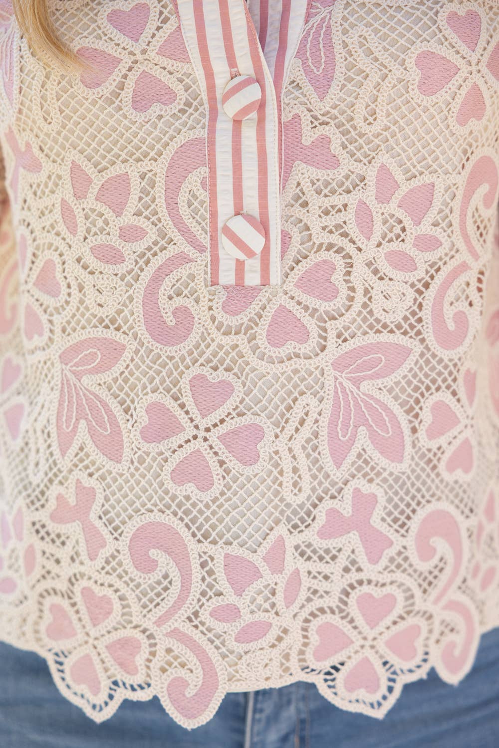 Collared V-Neck Stripe and Lace Mixed Fabric Top