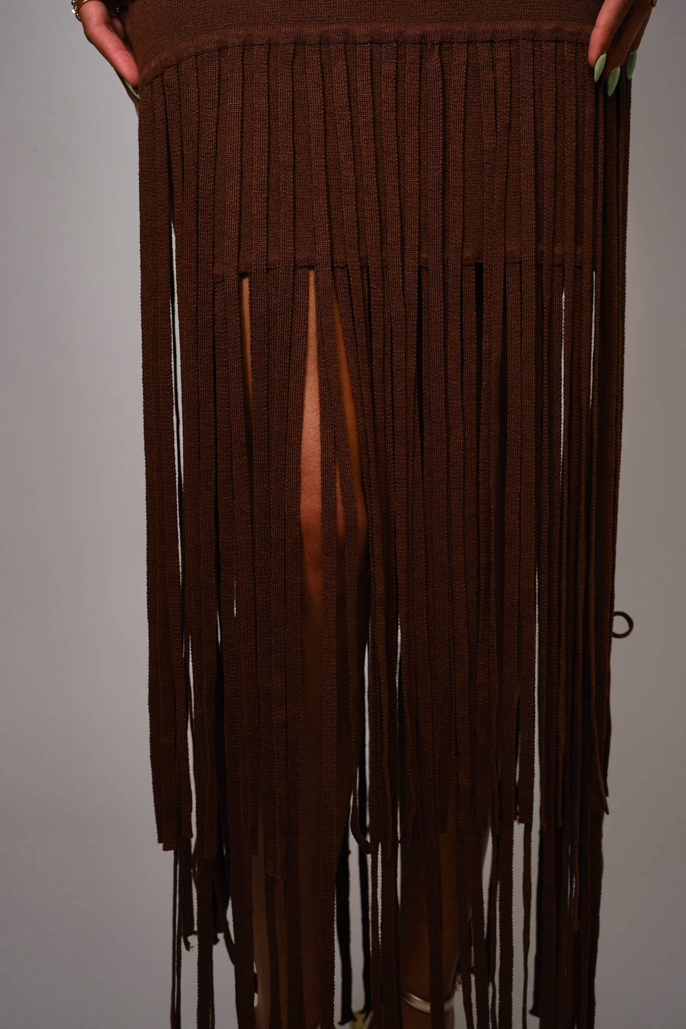 Chocolate Fringe Hem Knit Maxi Dress
