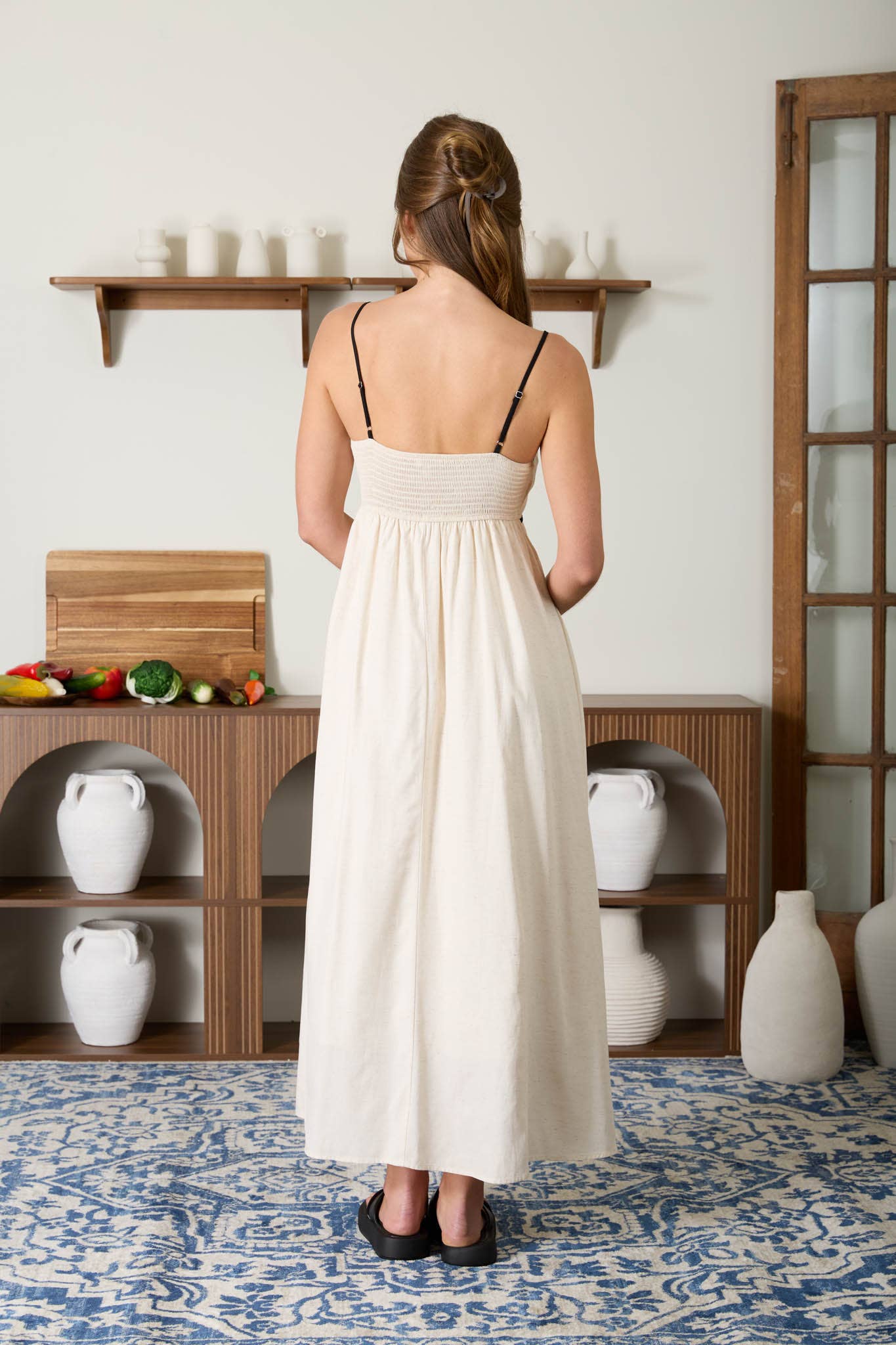 Black Trim Linen Empire Waist Midi Dress