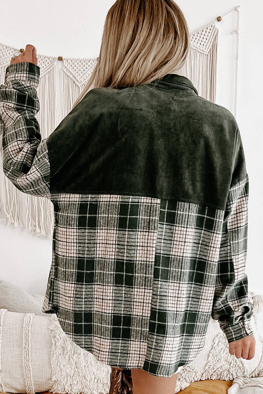 Blackish Green Snap Buttons Plaid Shacket