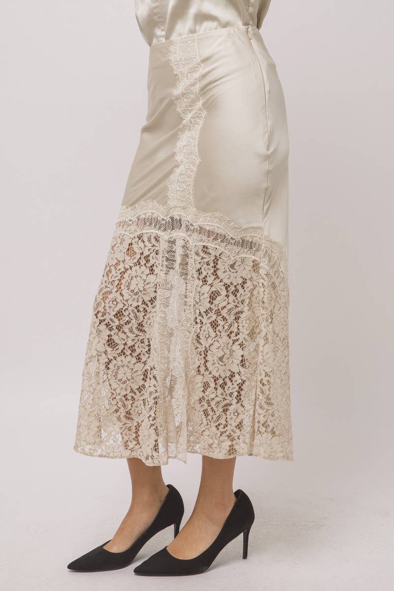 Satin Lace Midi Skirt